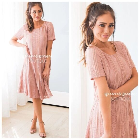 NEW MIKAROSE dress the Elise dusty rose lace short sleeve modest M - Picture 11 of 11